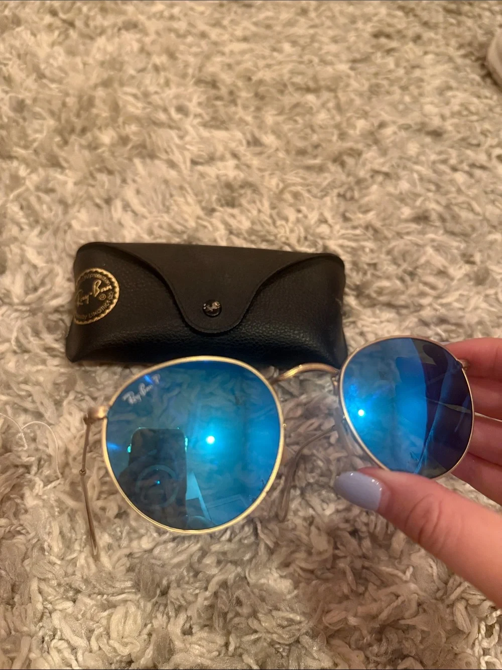 Ray-Ban Round Gold Frame Sunglasses with Blue Mirror Lenses